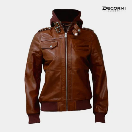 Women's Cognac Leather Bomber Jacket with Removable Hood