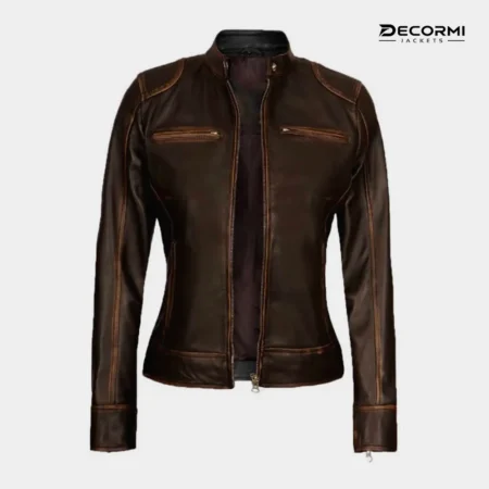 Women's Distressed Brown Leather Motorcycle Jacket