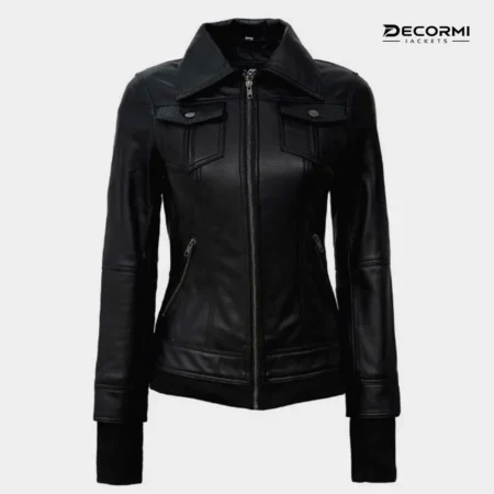Women's Leather Bomber Jacket with Removable Hood