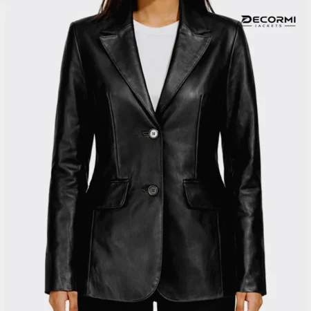 Women's Two-Button Black Lambskin Leather Blazer