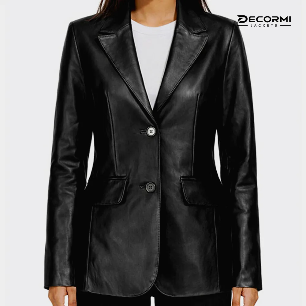 Women's Two-Button Black Lambskin Leather Blazer