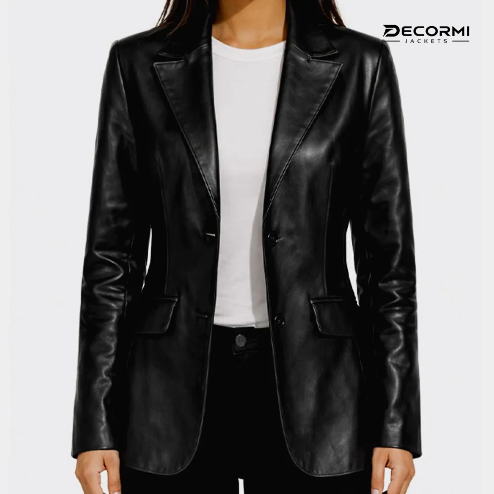 Women's Two-Button Black Lambskin Leather Blazer - Image 2