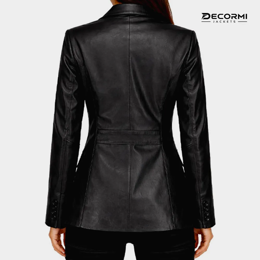 Women's Two-Button Black Lambskin Leather Blazer - Image 4